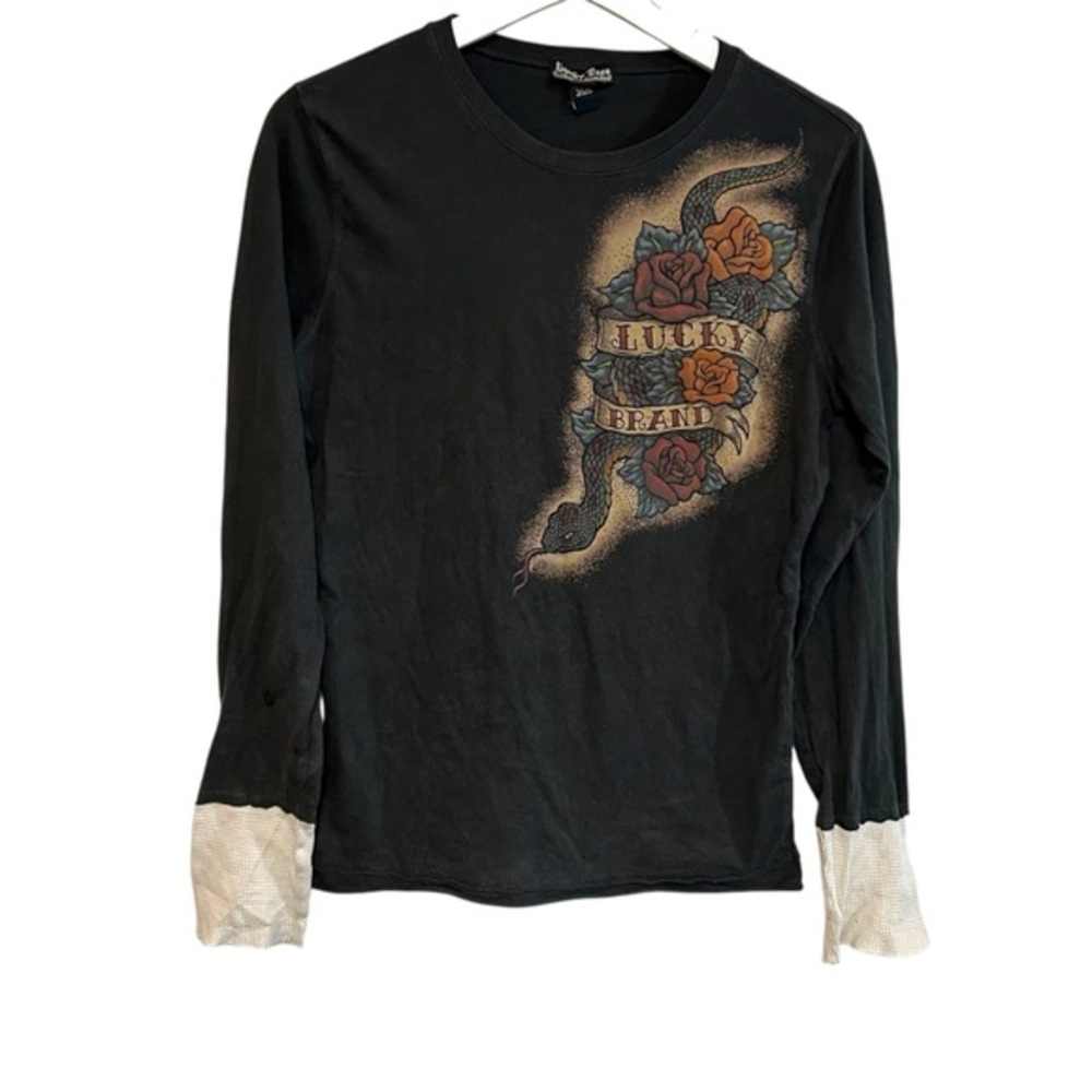 Lucky brand L tee longsleeve Y2K tattoo snake rose graphic cotton waffle cuff